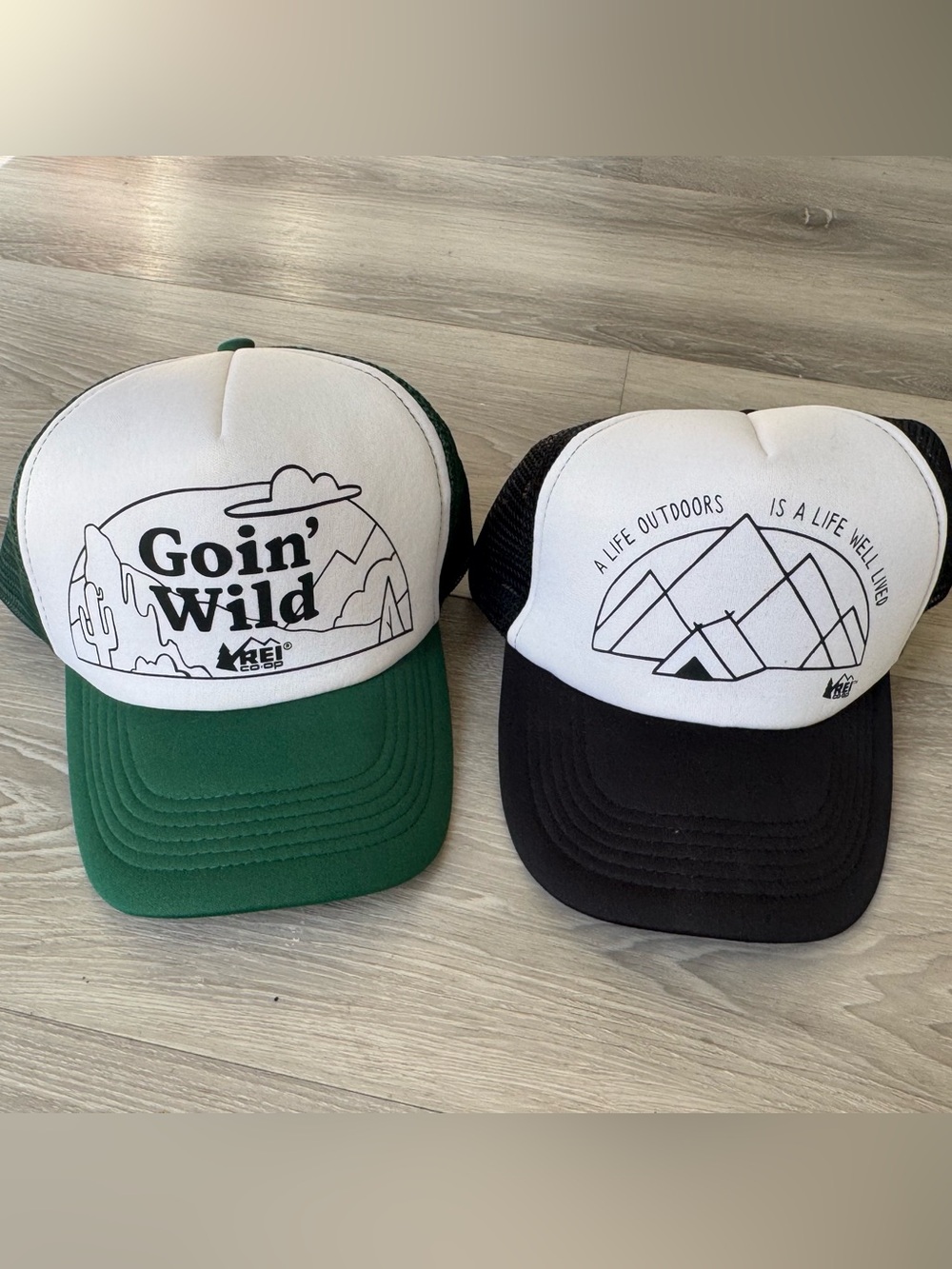 2 REI Co-op Trucker Hats green/ white and black/white graphic print mesh back